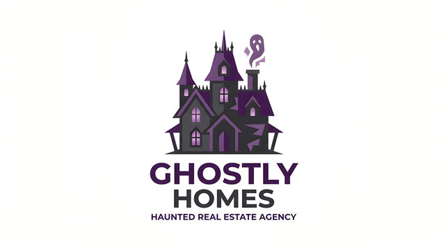 Ghostly Homes haunted real estate agency mansion logo design vector illustration