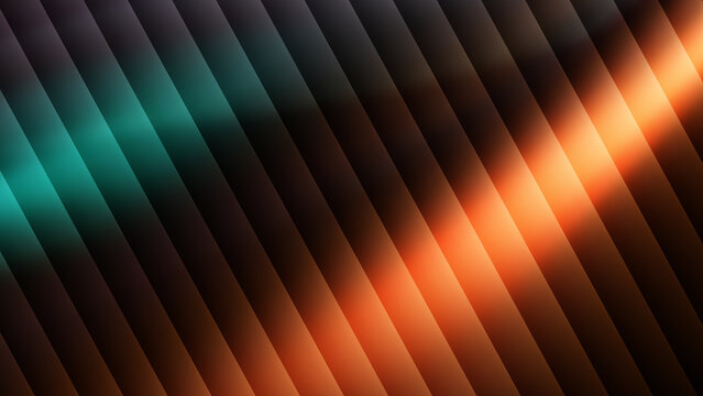 Abstract geometric background with diagonal stripes featuring glowing orange and teal light flares creating a modern futuristic atmosphere for digital design projects with textured three dimensional