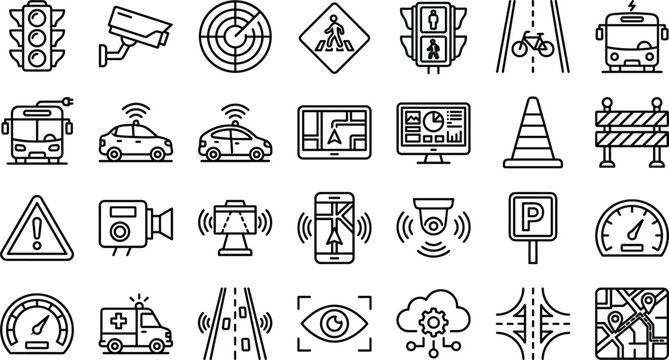 Smart traffic management vector icon set with intelligent transportation systems automatic security cameras and urban road transit line art elements