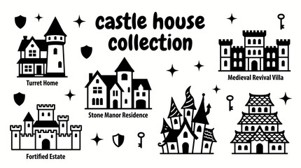 castle inspired houses featuring turret homes stone manor residences medieval revival villas fortified estates and fantasy architectural styles arranged as a collection vector illustration set © Ethan