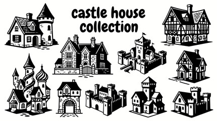 castle inspired houses featuring turret homes stone manor residences medieval revival villas fortified estates and fantasy architectural styles arranged as a collection vector illustration set © Ethan