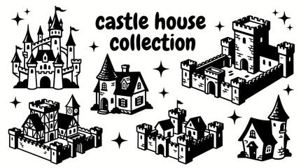 castle inspired houses featuring turret homes stone manor residences medieval revival villas fortified estates and fantasy architectural styles arranged as a collection vector illustration set © Ethan