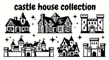 castle inspired houses featuring turret homes stone manor residences medieval revival villas fortified estates and fantasy architectural styles arranged as a collection vector illustration set © Ethan