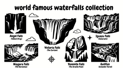 world most famous waterfalls featuring niagara falls victoria falls iguazu falls angel falls yosemite falls and gullfoss arranged as a premium vector illustration set for travel geography © Ethan