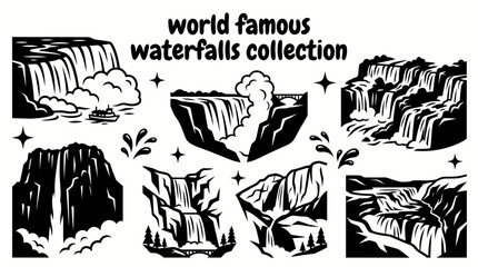 world most famous waterfalls featuring niagara falls victoria falls iguazu falls angel falls yosemite falls and gullfoss arranged as a premium vector illustration set for travel geography © Ethan