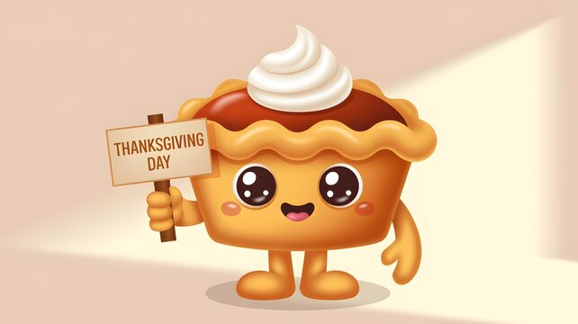 Cute cartoon pumpkin pie character holding a thanksgiving day sign