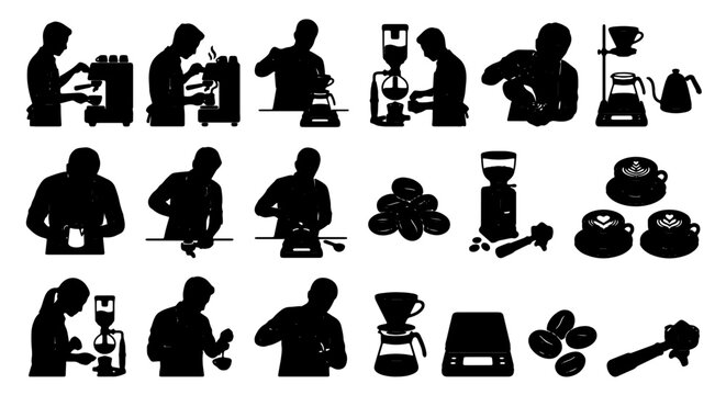 Barista Coffee Preparation Icons Set, Espresso Machine, Grinder, Pour Over, Beans, Silhouette Vector Graphics for Cafe and Beverage Concepts