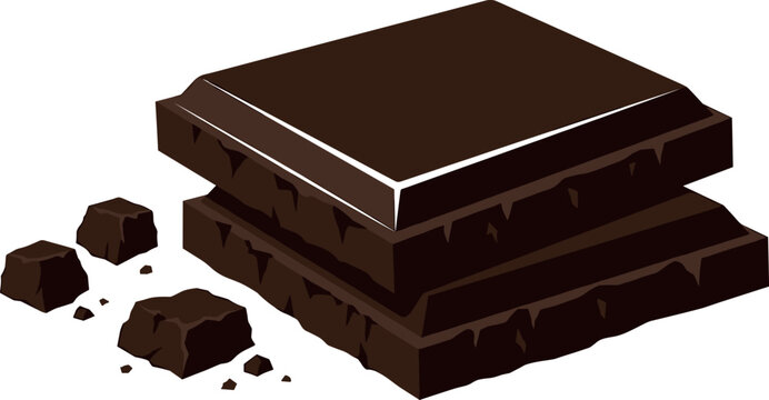 Dark chocolate chunks vector illustration featuring stacked square blocks and broken small pieces crumbles isolated on white background for dessert graphic design