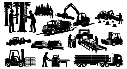 Fototapeta premium Forestry and Lumber Industry Icons: Logging, Sawmill, and Transport Operations, Vector Set