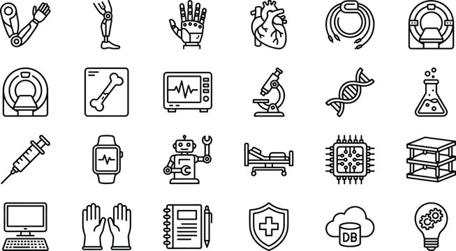 Bioengineering medical technology vector icon set with robotic bionic arms orthopedic leg braces MRI scanners and heart anatomy black line art elements