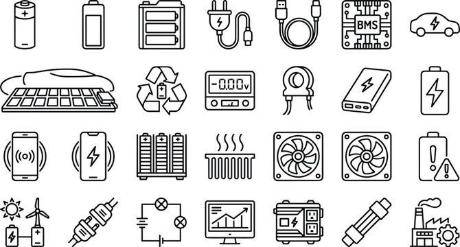 BMS vector icon set with lithium battery management systems electric vehicle charging and electronics hardware black line art elements