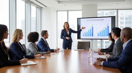 Fototapeta na wymiar Female CEO presenting strong revenue growth charts to a diverse executive team during a formal boardroom meeting in a modern high-rise office building.