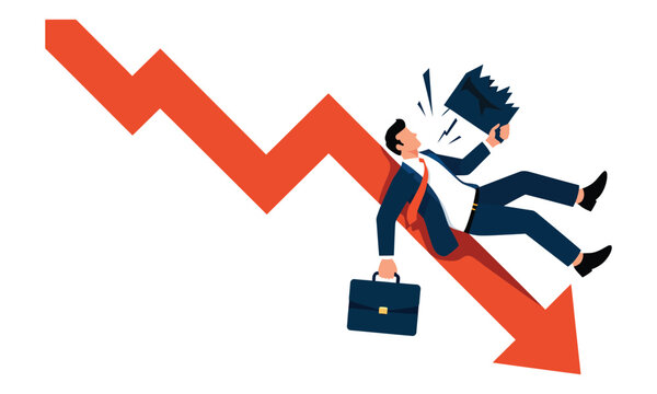 Businessman falling down, red decreasing graph, stock market crash, economic downturn