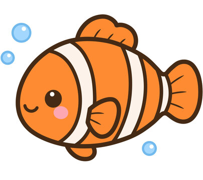 Cute cartoon clownfish single element, lovely orange anemonefish character with water bubbles under the sea illustration for kids education and sticker design