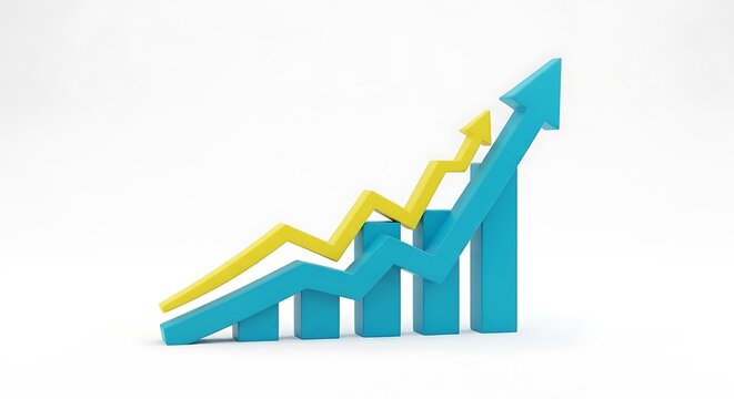 3D business growth comparison chart with blue and yellow rising arrows overlapping blue bar graphs business comparison statistics financial progress increase development analysis