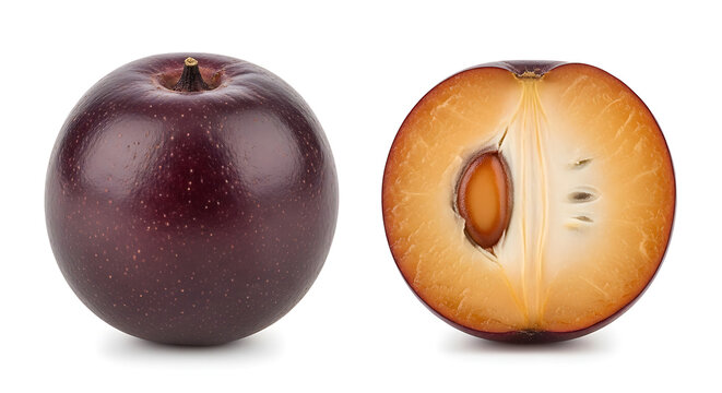 Fresh whole and halved star apple. Purple cainito fruit isolated. Tropical exotic food ingredient.