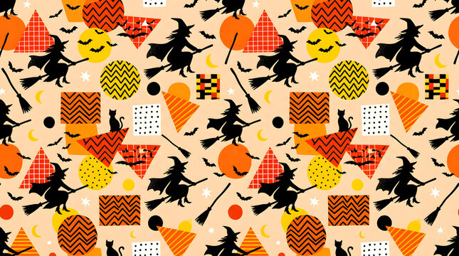 Halloween themed pattern with witches, cats, bats, and pumpkins on orange background with geometric shapes and designs
