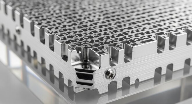 Close-up of a high-tech CNC milled aluminum heat sink or structured metal block with complex pattern