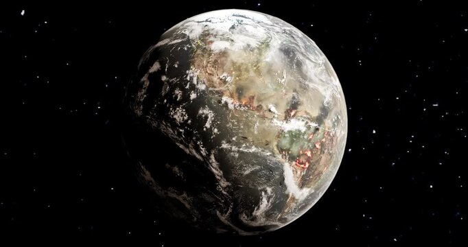 3D conceptual animation of polluted and burning planet Earth rotating in space