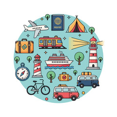Naklejka premium Travel and Vacation Icons: Airplane, Cruise Ship, Train, Bus, Lighthouse, Tent, Bike