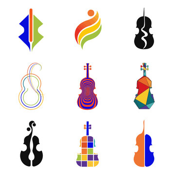Collection of creative violin and cello music logo designs in various artistic styles.