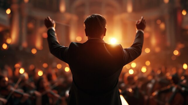 Conductor Leading Orchestra in Grand Concert Hall with Amber Lighting