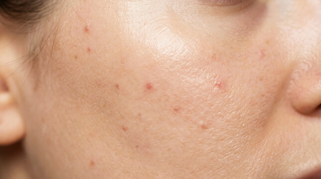 Close-up of human cheek with acne spots skin