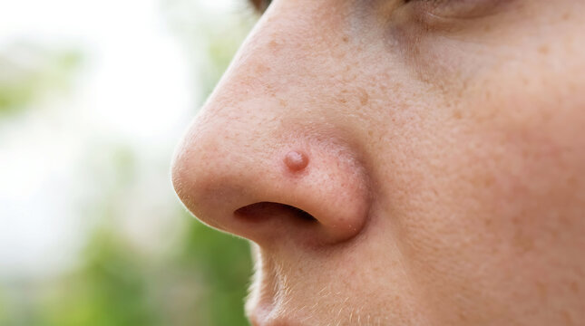 Close-up of human nose with green nasal spray