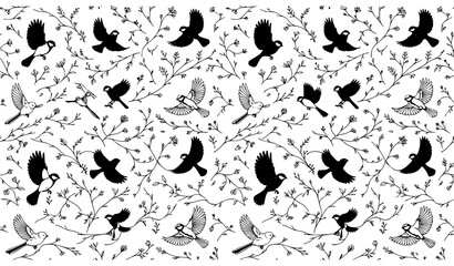 Elegant seamless bird pattern vector with flying sparrows and titmouse illustration © MdAriful