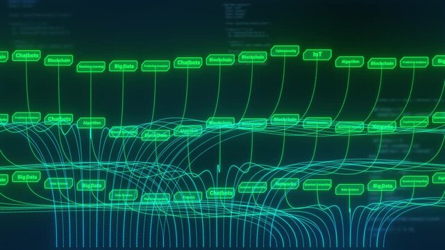 Three-dimensional cyberspace connection graphic; abstract futuristic tech network background with digital data learning