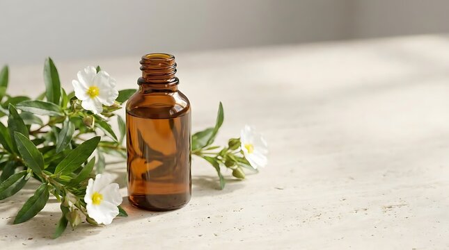 A glass amber dropper bottle of organic cistus essential oil placed next to fresh white cistus flowers and green leaves on a light stone surface background