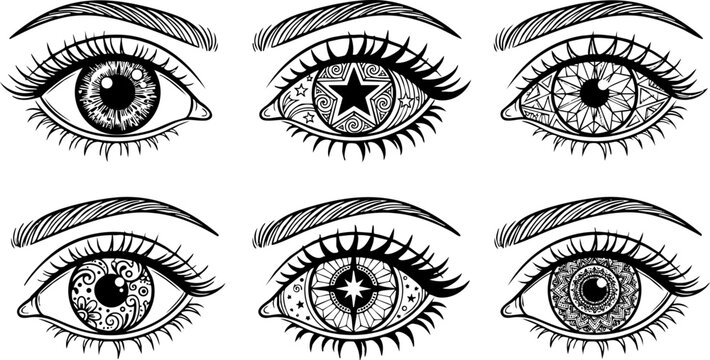 Set of human eyes with mystical and geometric iris designs mystical geometric illustration abstract