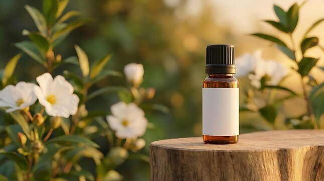 Cistus essential oil bottle on a wooden pedestal with white rockrose flowers in a soft golden hour garden setting for natural beauty and spa wellness