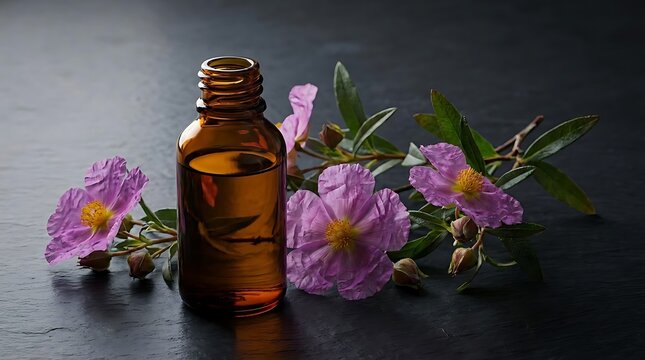 Cistus essential oil in a glass amber bottle displayed on a dark rustic surface with pink rock rose flowers representing natural wellness and skincare