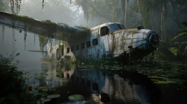 Abandoned plane lies crashed in a serene jungle lake surrounded by dense foliage and mist