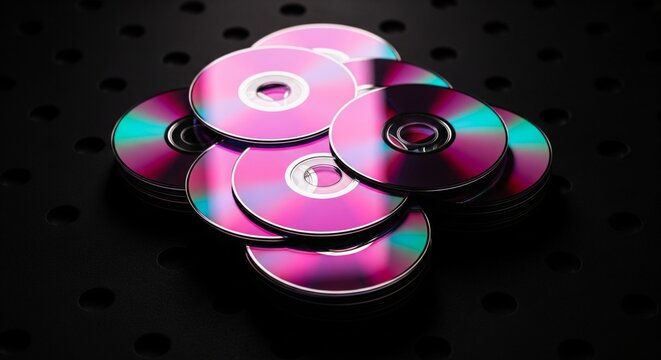 A messy pile of shiny compact discs reflecting bright purple and pink light, scattered over a dark background with small holes