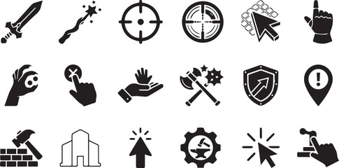Gaming user interface icons collection featuring sword magic target defense cursor interaction construction strategy and action gameplay vector set © Milon