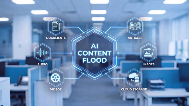 AI content flood concept depicting overwhelming volume of artificial intelligence generated documents articles audio images and videos saturating digital media landscape