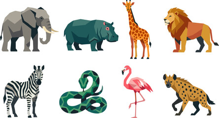 Geometric Low Poly African Wild Animals Vector Illustration Set Featuring Elephant, Hippo, Giraffe, Lion, Zebra, Snake, Flamingo, and Hyena for Safari Graphic Designs © monoara