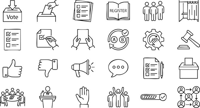 Set of voting and election line icons representing ballot boxes political process democracy and civic duty