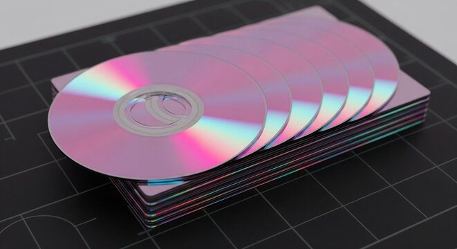 A stack of shiny compact discs with colorful pink and rainbow reflections, resting on a dark gray mat with grid lines