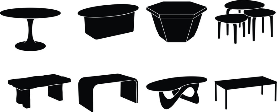 Modern coffee table silhouettes set featuring various contemporary living room furniture shapes isolated on white background