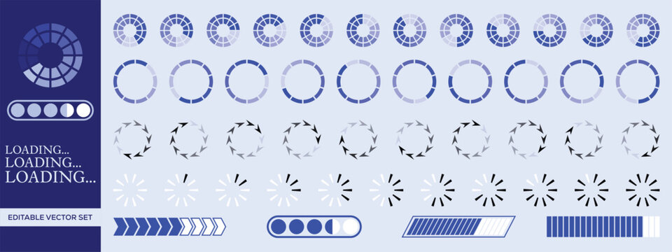 Loading Spinner and Progress Bar Elements Set &ndash; Circular Indicators, UI Preloader and Percentage Loader Vector Collection
