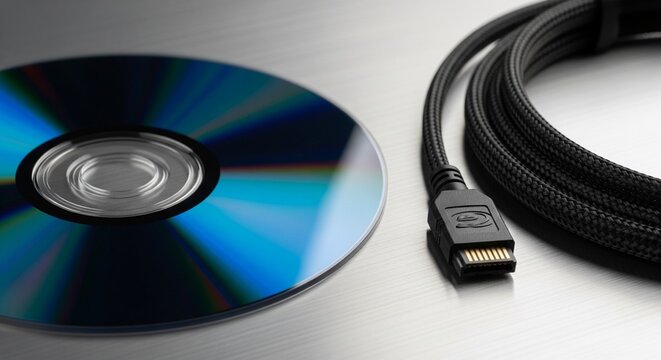 A blue compact disc (CD or DVD) lying next to a coiled black braided cable on a metallic gray surface. Focus is on the connector of the cable