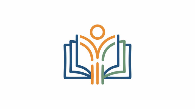 Minimalist education logo design featuring a stylized open book with a human figure.