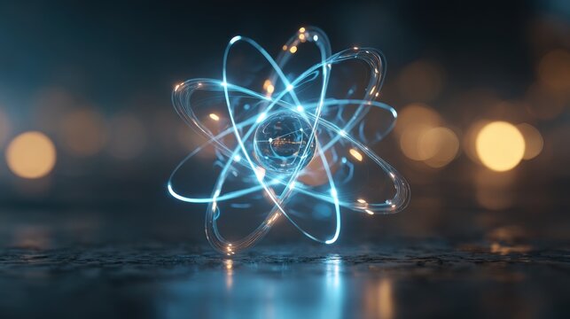 Glowing atom structure against transparent