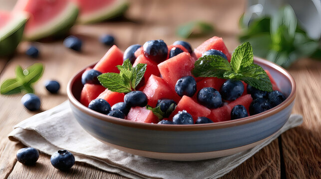 Fresh summer fruit salad with juicy watermelon cubes, blueberries, and mint leaves in a ceramic bowl on a wooden table. Healthy and refreshing dessert.