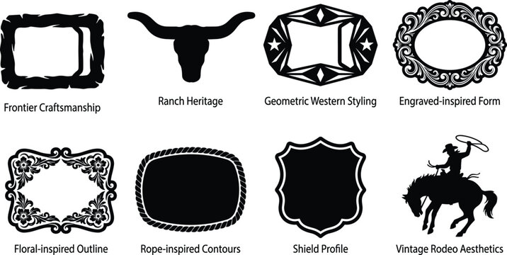 Vintage western belt buckle design elements and silhouettes collection including rodeo cowboy texas longhorn and ornate frames