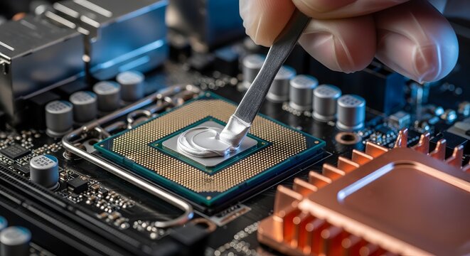 Technician applying thermal paste to a computer processor on motherboard