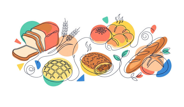Bakery line art fresh bread pastries and wheat collection for food businesses